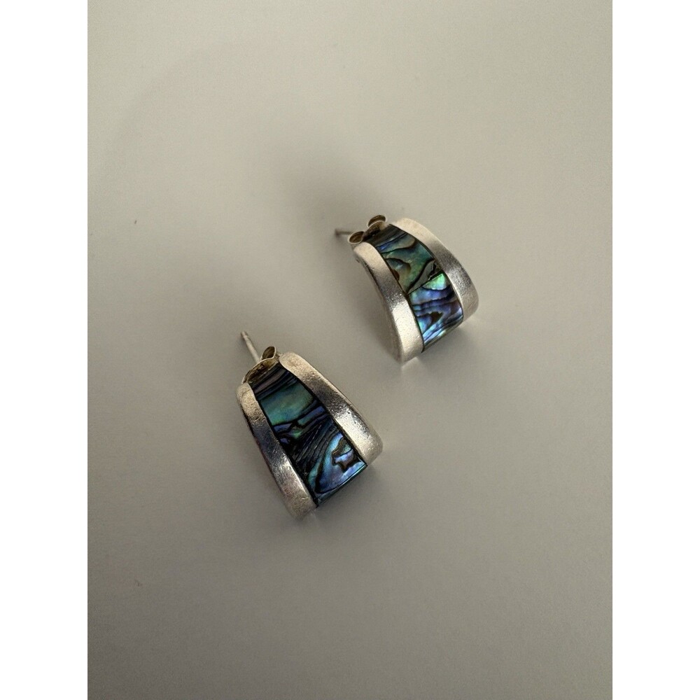 Sterling Silver 925 Abalone Inlay Hoop Earrings Post Vintage Southwest Classic